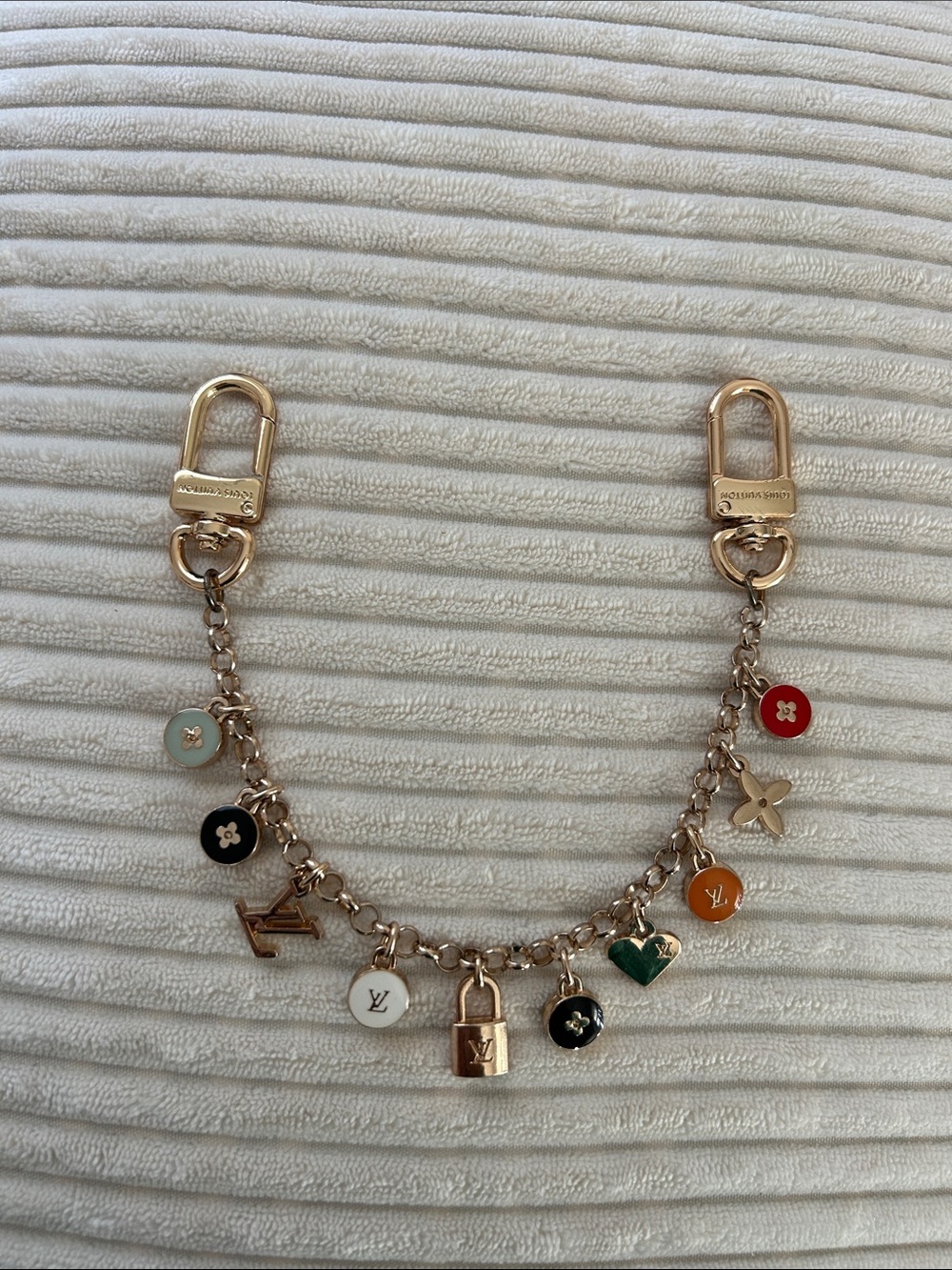 03. Gold-Tone Multicolor Enamel Skittle Bag Chain. 11”.